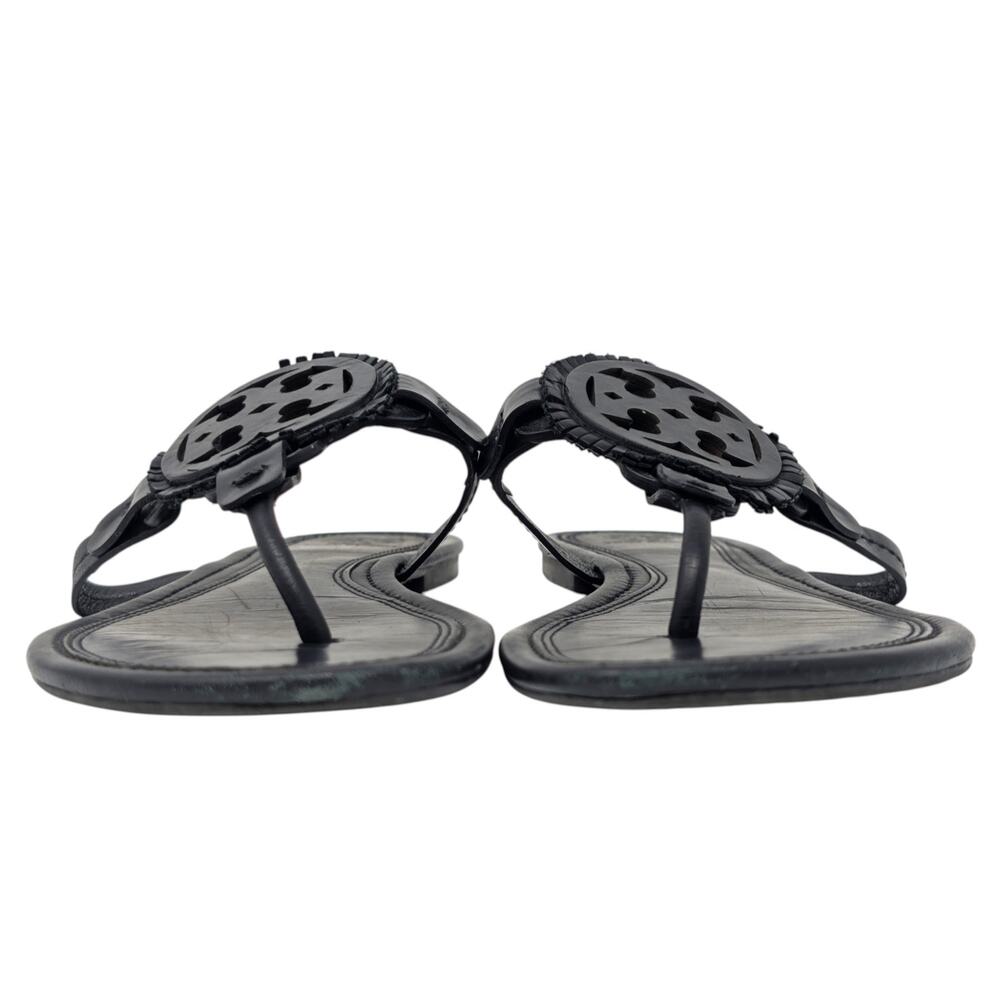Tory Burch Miller Fringe Sandals‎ Black Size 9 Logo Thong Leather Flat - Picture 2 of 7